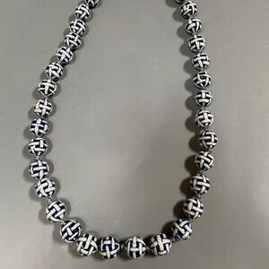 Ceramic Bead Necklace Blue and White Geometric Pattern